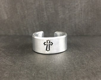 Cross Ring - Baptism Ring - Silver Cross Ring - Simple Cross ring - Handstamped Jewelry - Stocking Stuffers for her - Handstamped Rings