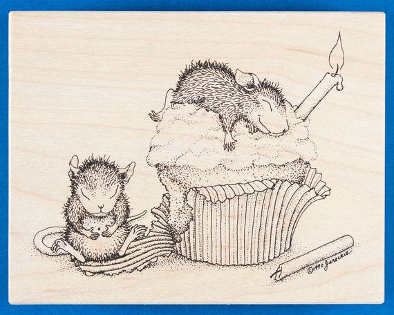 House Mouse Birthday Cupcake Rubber Stamp - Cute Mouse Asleep on Cupcake and Another With Full Belly - Stampa Rosa 58