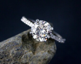 Forever Brilliant Round Solitaire Engagement Ring - Half Eternity Mirco Pave Diamond Band - 14kt White Gold