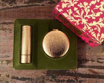Vintage Revlon Tres Petite Cosmetic Set - Touch and Glow Pressed Powder | Moon Drops Lipstick in Van Cleef & Arpels Gold Lizard Cases