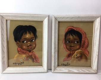 Vintage Velvet Paintings, 2 Sad eyed Childen 60's Pictures, Framed oil on velvet Children painting, Big eyes paintings
