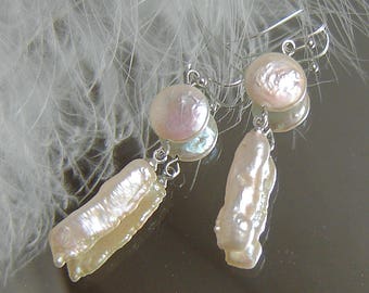 Long dangling earrings, keshi Pearl 5.7 cm - 925 Silver unique