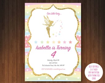 Fairy Invitation, Printable, Customized, DIY invitation, Girl's Fairy Party, Birthday, editable pdf