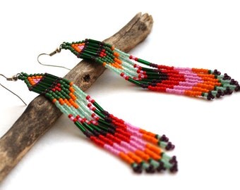 Boho earrings Bohemian earrings Seed bead earrings Long beaded earrings Fringe bead earrings Long dangle earrings Ethnic Hippie jewellery
