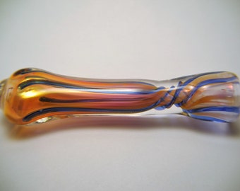 Blue with Pure Gold Fumed Spiral Glass Chillum One Hitter Pipe Bowl