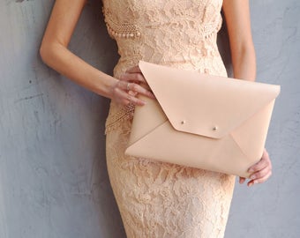 Nude leather clutch bag / Nude envelope clutch / Leather bag available with wristlet / Genuine leather / Wedding clutch / Bridesmaid gift