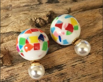 Beautiful and classy white double pearls earrings with multicolor strokes (French style tribal chic studs)