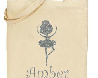 Personalised Natural Canvas Tote Carrier,Ballet Bag,Girls Bag, Gift for Her,Sparkly Silver Glitter ballerina,Silhouette Ballerina,Dancer