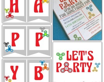 Digital Complete Party EDITABLE Fidget Spinner Birthday Let's Party Set Invitations Banner Sign Thank You Tags Water Labels Cupcake Toppers