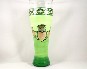 Large beer glass with Irish claddagh in gold metal leaf and green, for St. Patrick's day or any day to symbolize love friendship and loyalty
