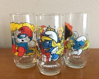 Smurfette, Papa Smurf and Jokey Smurf Collectors Glasses- Vintage 1980's Smurf Glasses