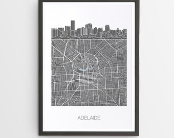 Adelaide City Skyline Map Print / South Australia / Skyline illustration / City Print / Australian Maps / Giclee / Unframed