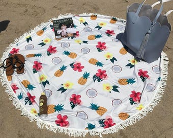 Round Beach Towels , boho elephant, pineapple, counuts, flowers