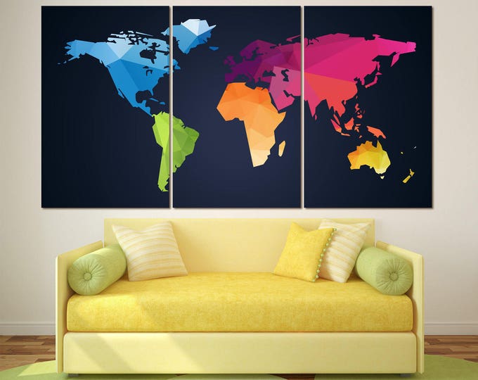 Large Colorful World Map Panels Print set, Polygonal World Map, Black background motley 3,4 or 5 Panels Canvas Wall Art for Home decoration