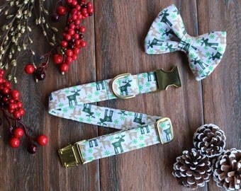 Christmas Dog Collar, Winter Dog Collar, Christmas, ,moose collar, Gold Buckle, Dog Collar, green moose, moose, mooses, moose bowtie, dog