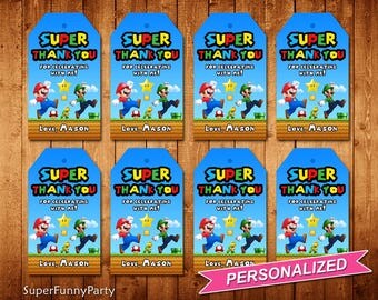 Super Mario Favor Tags, Super Mario Thank You Tags, Super Mario Printable, Personalized, Digital File