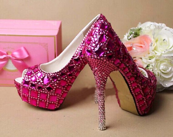 Hot Pink Rhinestone Wedding Shoes Woman Bling Party Prom Shoes