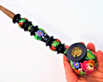 Long smoking pipe - Wooden tobacco smoking pipe - Hand-painted - Peace pipe - Carved wood - Black floral smoking pipe