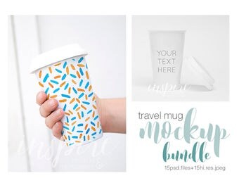 Ceramic Travel Mug Mockup Bundle / Styled Mockups / White Background / Minimalist and Femenine / Woman Holding Tumbler Mug/ PSD Mockup
