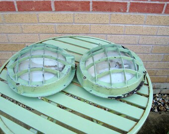 A Pair of 1940s Cast Aluminium Industrial/ Military/ Nautical/ Marine/ Ship/ Boat Bulkhead Lights