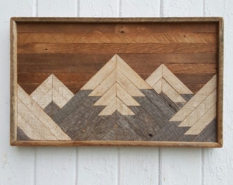 Past Reclaimed Wood Wall Art, Small Mountain Range, Lodge Decor, Ski Decor, Gift under 100, Geometric Design, Wall Decor, Mosaic