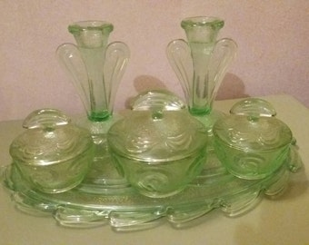 Vintage Bagley glass dressing table set