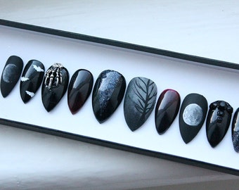 Witch Goth Press on Nails | Occult | Skeleton | Moon Phase | Witchy | Handpainted Nail Art | Glue On Nails | Any Shape and Size