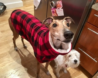 CUSTOM Greyhound Red Black Lumberjack Check Fleece Coat. Dog Sweater. Dog Clothes. Dog Clothing. Greyhound Clothing. Dog Jacket. Sighthound