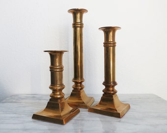 Geometric Candle Holder, Vintage Brass Candlesticks, Candle Lover Gift, Art Deco, Candle Holder Lot, Brass Wedding Decor, Candlestick Set