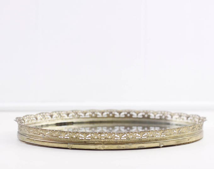 Vanity mirror tray, vintage oval decorative tray with Ornate Floral Gold Metal Frame 13", dressing table perfume display, drinks tray
