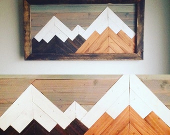 Mountain wood art, wall decor, mountain art, geometric art, woodscape, mountain range, rustic art, mountain range, lodge art, mosaic