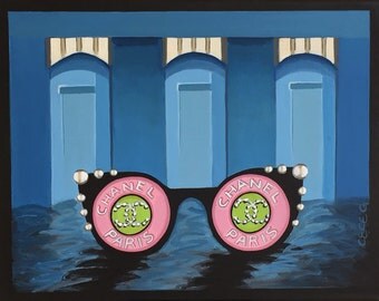 Chanel Sunglass Brooch acrylic painting - Chanel Logo, Design, Jewerly, Fashion Accesory, 11" x 14"