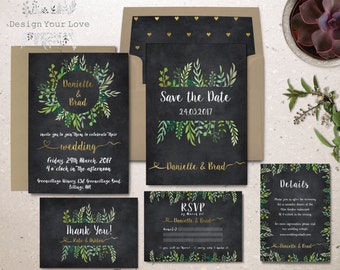 printable green wedding invitation suite chalkboard wedding invitation set garden wedding leafy watercolor greenery wreath invitation suite