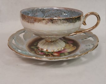 L M Royal Halsey Cup & Saucer Pearlescent/ Iridescent Gold Gilt Fruit Design
