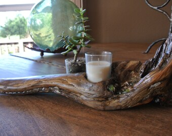 Driftwood sea glass votive candle holder