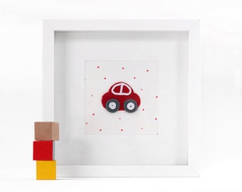 Coche rojo vivero decoración, arte de transporte, caja de sombra marco, vivero de coche, chicas vivero arte, chicas sala arte, arte de pared de niño