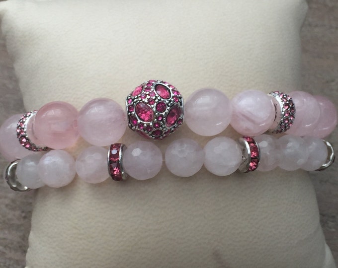 Love stone, Rose Quartz Beaded Bracelet with Pink Crystal Accents. Natural Heart Healing Stone.