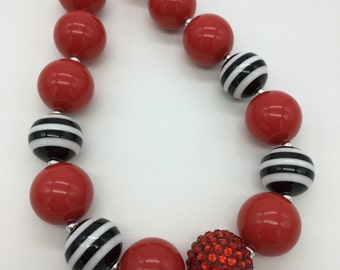 Girls Chunky Bubblegum Beaded Necklace, Red Black White Striped Chunky Necklace, Holiday, Photo Prop, Red Beaded Necklace