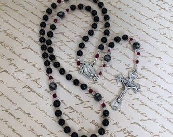 Black Obsidian and Hematite gemstone Five Decade Rosary, Catholic Rosary with Miraculous Medal Center