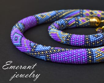 Blue Purple jewelry bracelet necklace Festival Crochet Seed bead jewelry Boho Bohemian Statement necklace Birthday gift-for-her gift-for-mom