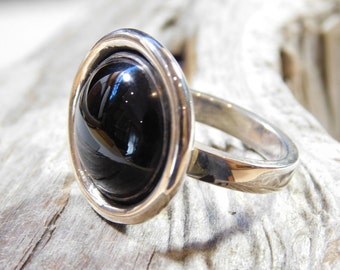 Large round black onyx ring sterling silver size 9 1/4