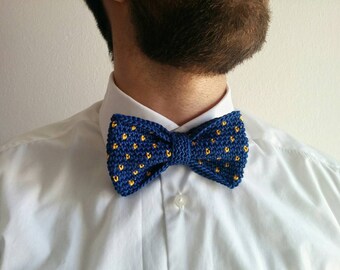 Bowtie crochet in different color: blue; yellow; blue with yellow pois