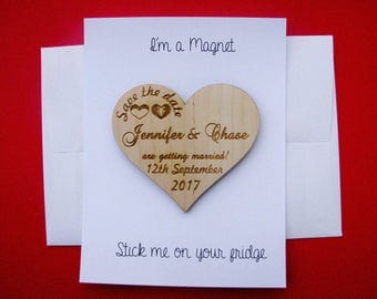 Heart save the date magnet set with envelope, rustic wedding, wooden refrigerator magnet, wedding gift, fancy personalized save-the-date