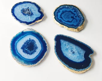 Gold Leaf Gilded Agate Drinks Coaster in Blue. Luxury Boho Homewear. Gold Edging