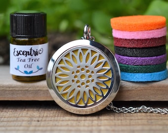 Stainless Steel Essential Oil Diffuser Necklace // Sunflower Design // Aromatherapy//With a Choice of Essential Oil(12 Variety)