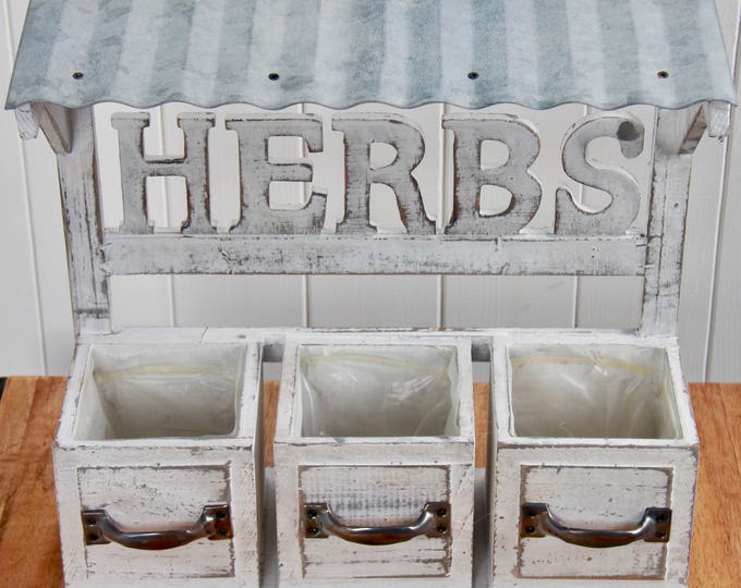 Handmade Herb Planter Box with Tin Roof ideal for the kitchen to display herbs and is a practical way of keeping herbs fresh