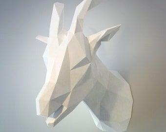 Goat paper trophy | DIY faux taxidermy wall mount | 3D papercraft sculpture | Printable PDF pattern | Low poly animal assembly
