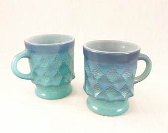 Blue Ombre Kimberly Diamond Fire King Mugs - set of 2