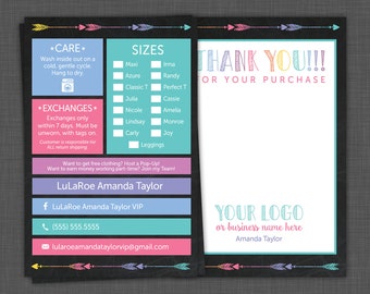 Lularoe Thank You - My Size Card - Lularoe Care Card - Care Instructions - Thank You Card with Thank You Note, custom