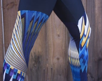 Small Blues and Yellows Pattern Panel Leggings, Blues and Yellows Pattern Panel Tights, Blues and Yellows Pattern Panel Yoga Pants